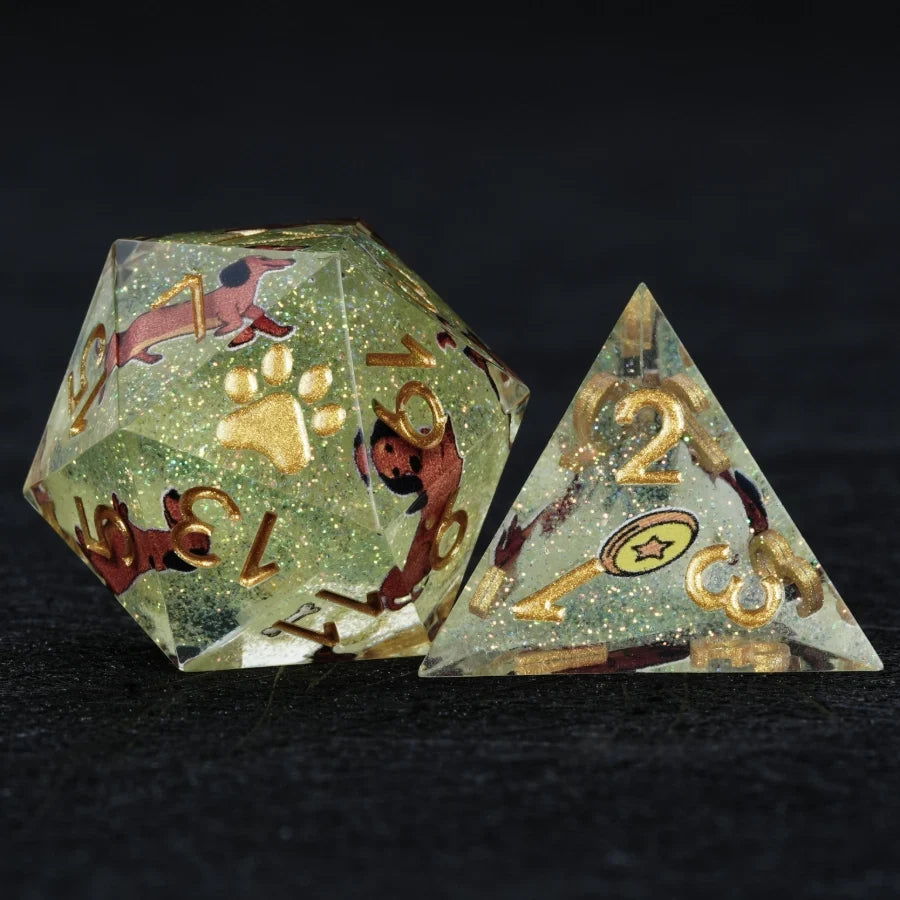Star Resin DND Dice Set – Legends Dachshund – Kickstarter Dice – Green Glitter Resin Dachshund DND D20 and D4 Dice with