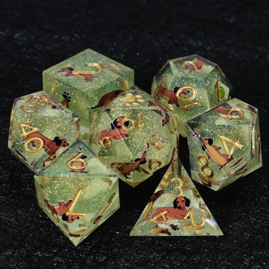 Star Resin DND Dice Set – Legends Dachshund – Kickstarter Dice – Handmade Green Glitter Resin Dachshund DND Dice Set