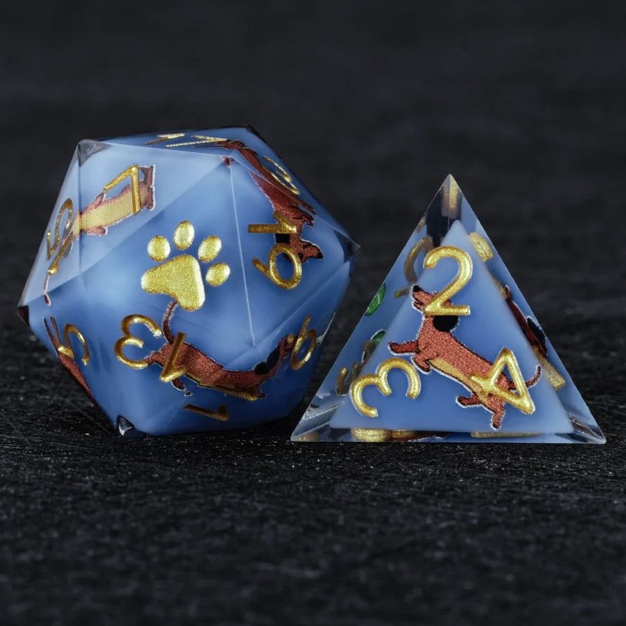 Star Resin DND Dice Set – Legends Dachshund – Kickstarter Dice – Sharp-Edged Blue Resin Dachshund DND D20 and D4 Dice