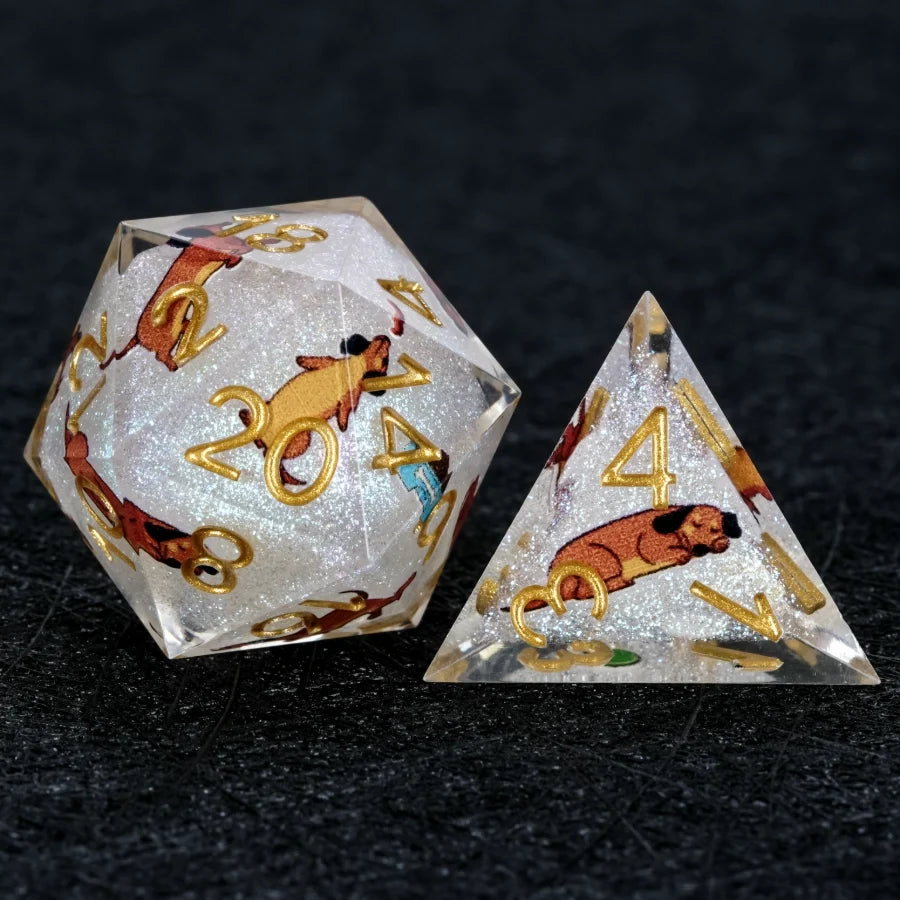 Star Resin DND Dice Set – Legends Dachshund – Kickstarter Dice – Sharp-edged white glitter resin dachshund DND D20 and