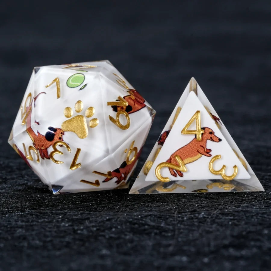 Star Resin DND Dice Set – Legends Dachshund – Kickstarter Dice – Sharp-Edged White Resin Dachshund DND D20 and D4 Dice