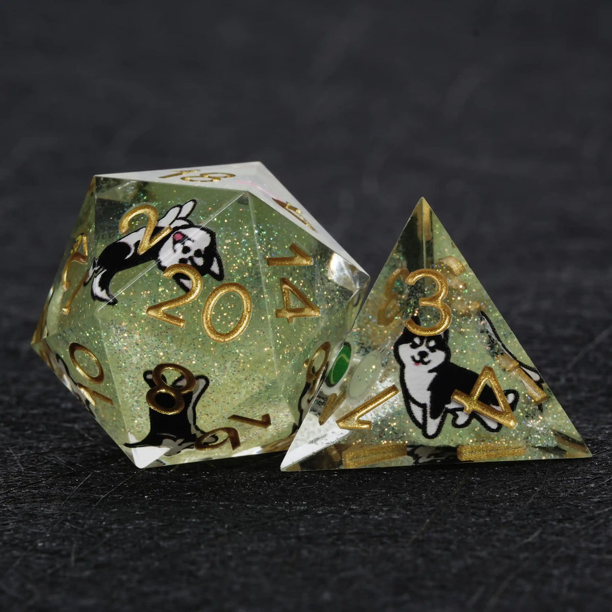 Star Resin DND Dice Set – Legends Husky – Kickstarter Dice – Green Glitter Resin Husky DND D20 and D4 Dice