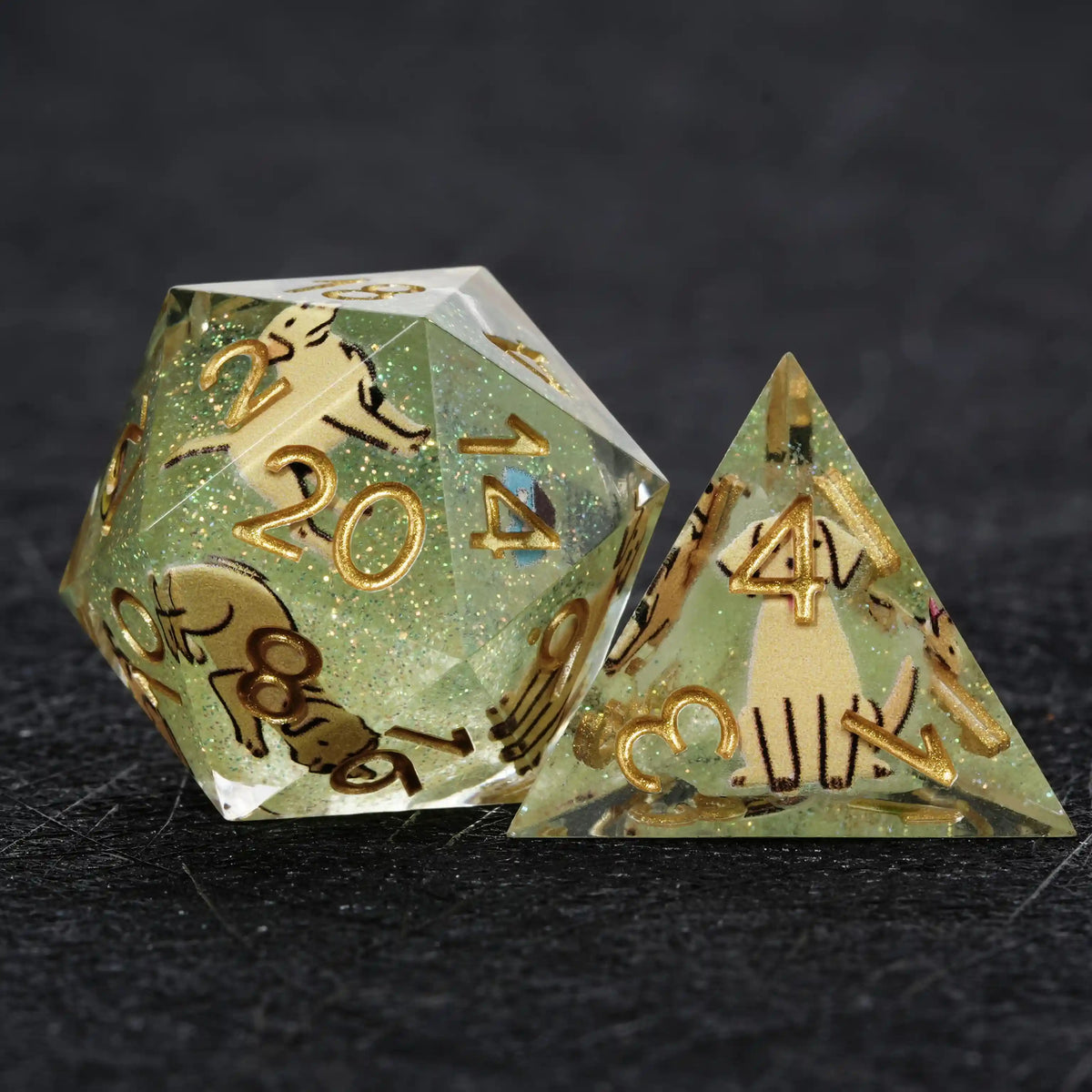 Star Resin DND Dice Set – Legends Labrador – Kickstarter Dice – Green Glitter Resin Labrador DND D20 and D4 Dice