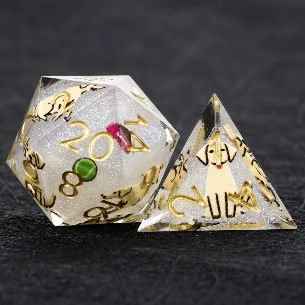 Star Resin DND Dice Set – Legends Labrador – Kickstarter Dice – White Glitter Resin Labrador DND D20 and D4 Dice
