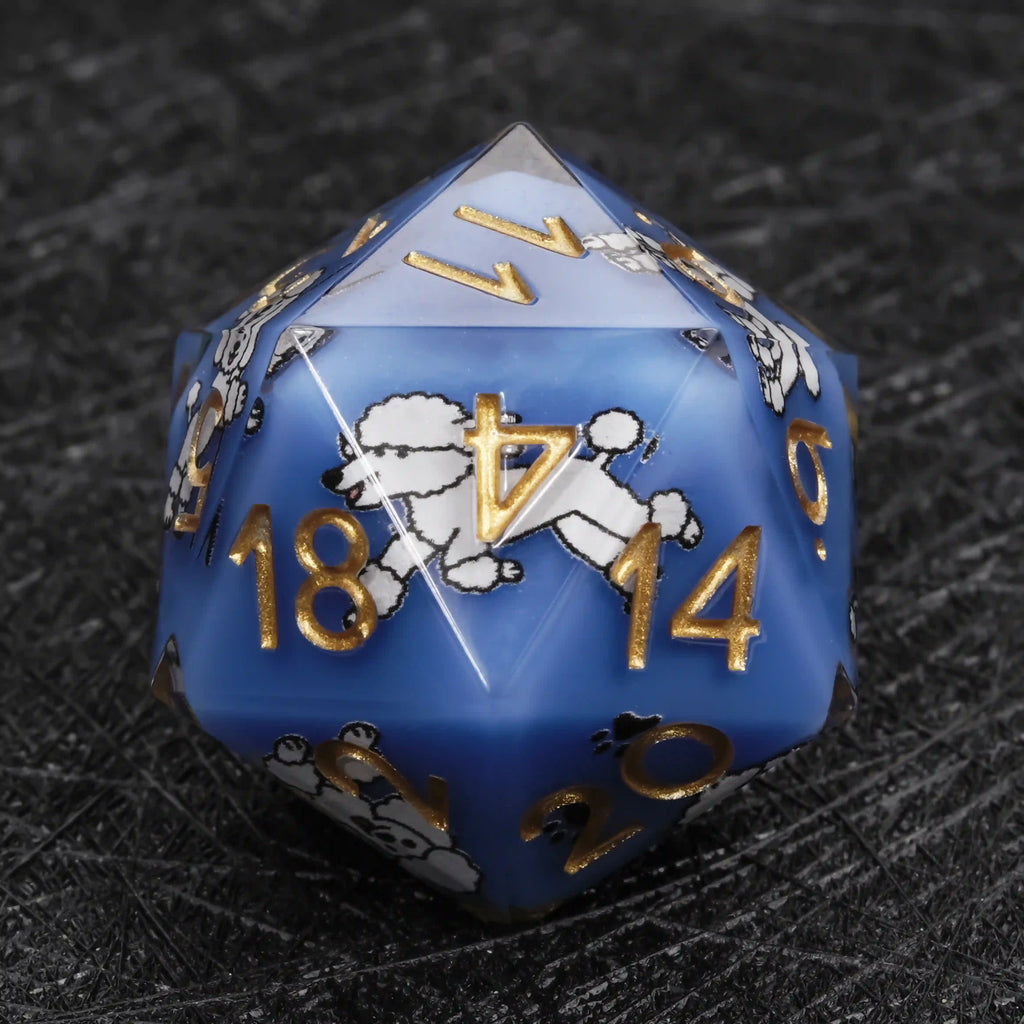 Star Resin DND Dice Set – Legends Poodle – Kickstarter Dice – Blue Resin Poodle DND D20 Dice with Gold Numbers