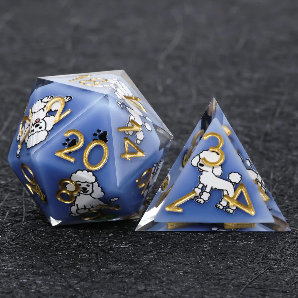 Star Resin DND Dice Set – Legends Poodle – Kickstarter Dice – Blue Resin Poodle DND D20 and D4 Dice