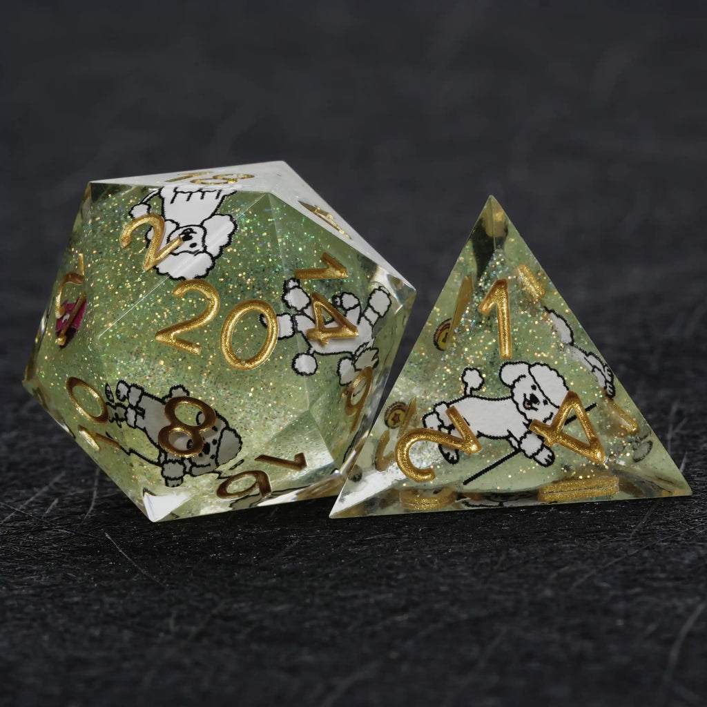 Star Resin DND Dice Set – Legends Poodle – Kickstarter Dice – Green Glitter Resin Poodle DND D20 and D4 Dice