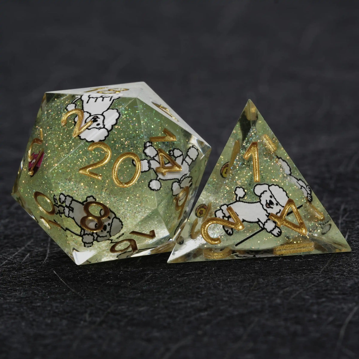 Star Resin DND Dice Set – Legends Poodle – Kickstarter Dice – Green Glitter Resin Poodle DND D20 and D4 Dice