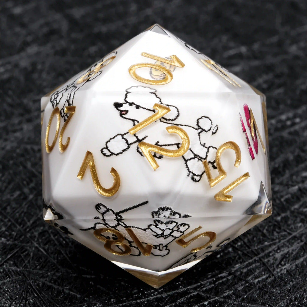 Star Resin DND Dice Set – Legends Poodle – Kickstarter Dice – White Resin Poodle DND D20 Dice with Gold Numbers