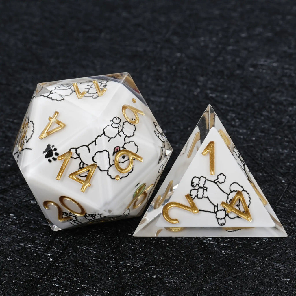 Star Resin DND Dice Set – Legends Poodle – Kickstarter Dice – White Resin Poodle DND D20 and D4 Dice