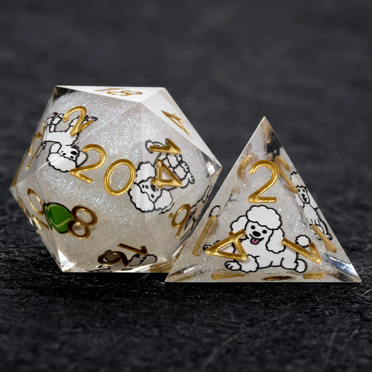 Star Resin DND Dice Set – Legends Poodle – Kickstarter Dice – White Glitter Resin Poodle DND D20 and D4 Dice