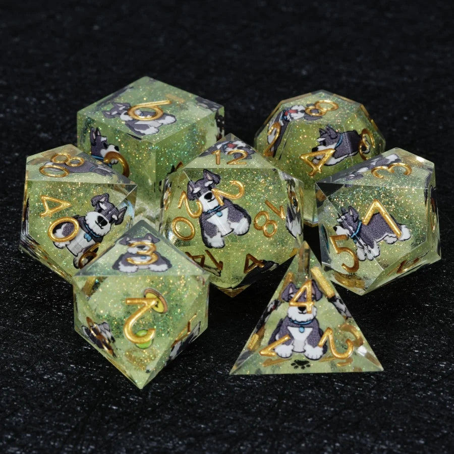 Star Resin DND Dice Set – Legends Schnauzer – Kickstarter Dice – Handcrafted Green Glitter Resin Schnauzer DND Dice Set