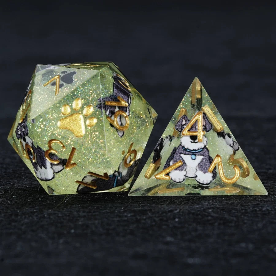 Star Resin DND Dice Set – Legends Schnauzer – Kickstarter Dice – Green Glitter Resin Schnauzer DND D20 and D4 Dice with