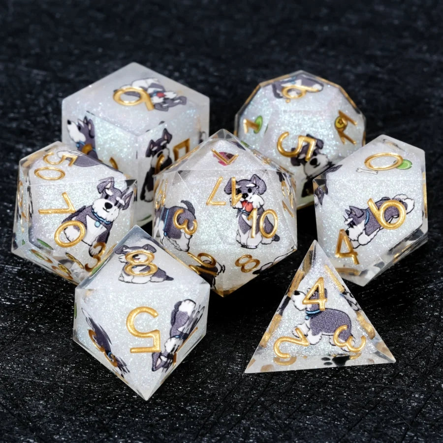 Star Resin DND Dice Set – Legends Schnauzer – Kickstarter Dice – Handmade Sharp-Edged White Glitter Resin Schnauzer DND