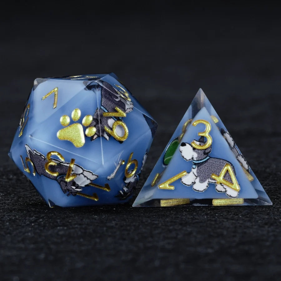 Star Resin DND Dice Set – Legends Schnauzer – Kickstarter Dice – Sharp-Edged Blue Resin Schnauzer DND D20 and D4 Dice