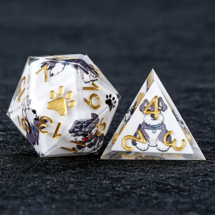 Star Resin DND Dice Set – Legends Schnauzer – Kickstarter Dice – Sharp-Edged White Resin Schnauzer DND D20 and D4 Dice