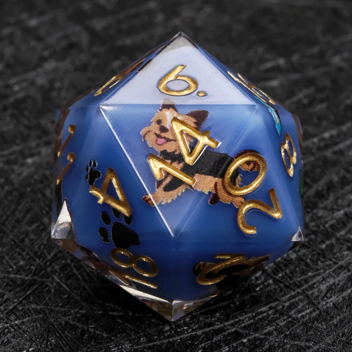 Star Resin DND Dice Set – Legends Yorkie – Kickstarter Dice – Blue Resin Yorkshire DND D20 Dice with Gold Numbers