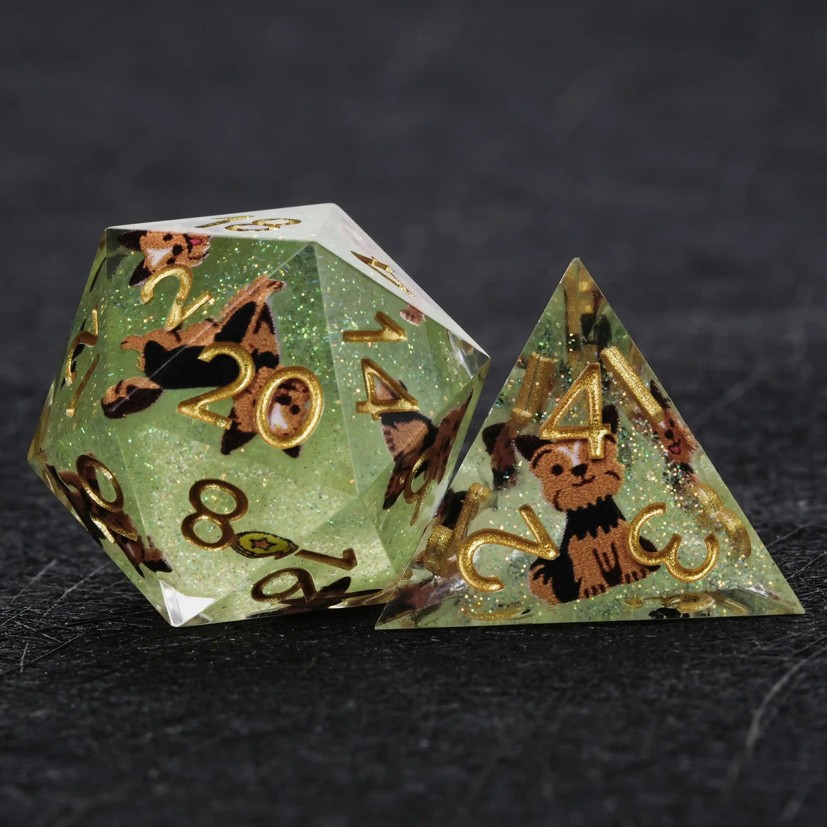 Star Resin DND Dice Set – Legends Yorkie – Kickstarter Dice – Green Glitter Resin Yorkshire DND D20 and D4 Dice