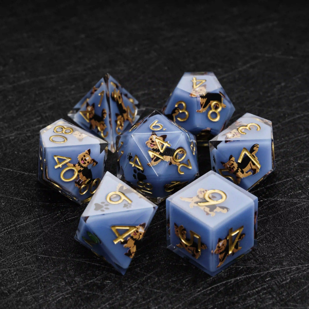 Star Resin DND Dice Set – Legends Yorkie – Kickstarter Dice – Sharp-Edged Blue Resin Yorkshire DND Dice Set