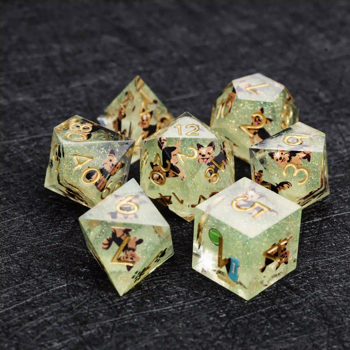 Star Resin DND Dice Set – Legends Yorkie – Kickstarter Dice – Sharp-Edged Green Glitter Resin Yorkshire DND Dice Set
