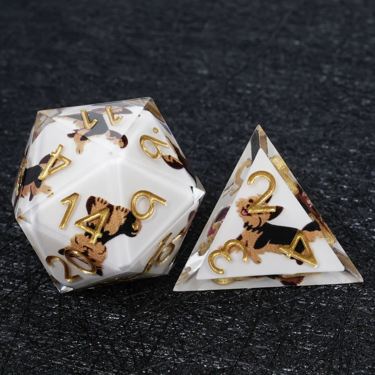 Star Resin DND Dice Set – Legends Yorkie – Kickstarter Dice – White Resin Yorkshire DND D20 and D4 Dice