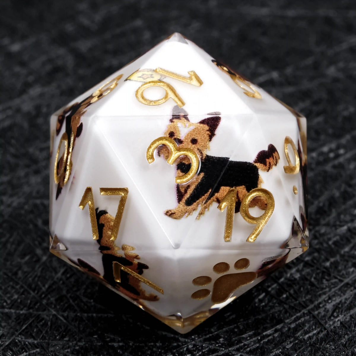 Star Resin DND Dice Set – Legends Yorkie – Kickstarter Dice – White Resin Yorkshire DND D20 Dice with Gold Numbers