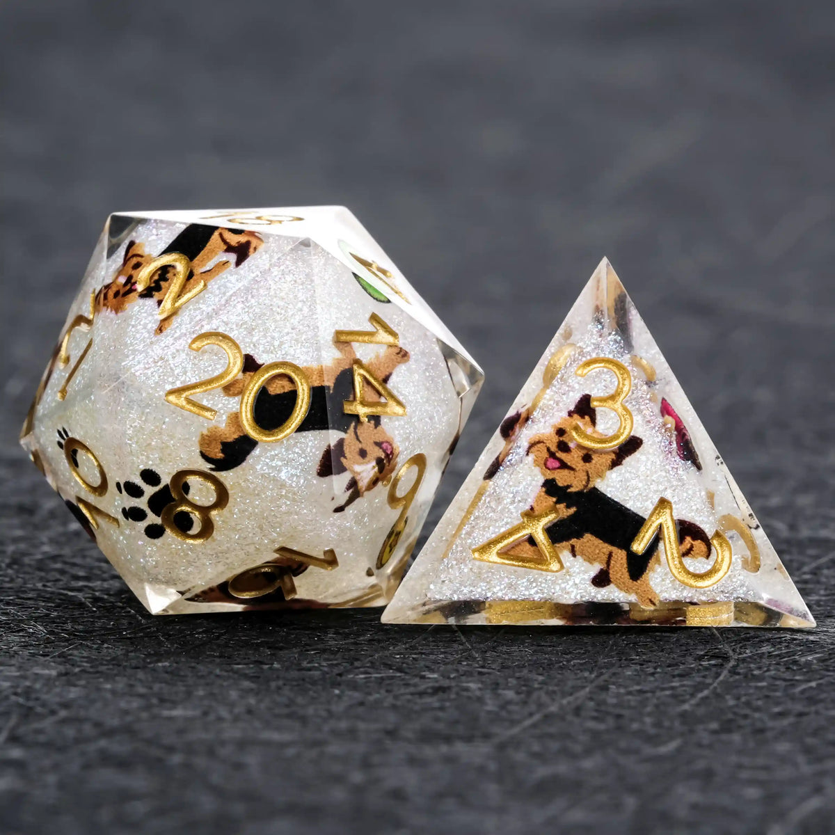 Star Resin DND Dice Set – Legends Yorkie – Kickstarter Dice – White Glitter Resin Yorkshire DND D20 and D4 Dice