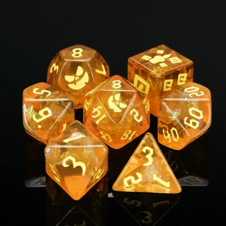 Star Resin DND Dice Set – Pumpkin Jack – Halloween Trickster Dice - Kickstarter Yellow Resin DND Dice Set, engraved