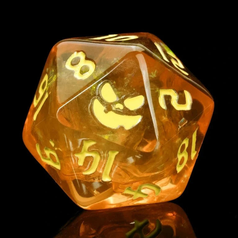 Star Resin DND Dice Set – Pumpkin Jack – Halloween Trickster Dice - Yellow Resin DND D20 Dice, engraved with Pumpkin