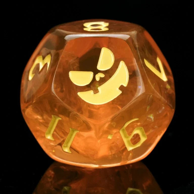 Star Resin DND Dice Set – Pumpkin Jack – Mischievous Dice - Smooth Yellow Resin DND D12 Dice, engraved with a Pumpkin