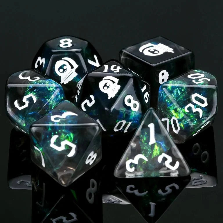 Star Resin RPG Dice Set – Death Comes – Kickstarter Halloween Trickster Dice - Kickstarter Black Resin DND Dice Set
