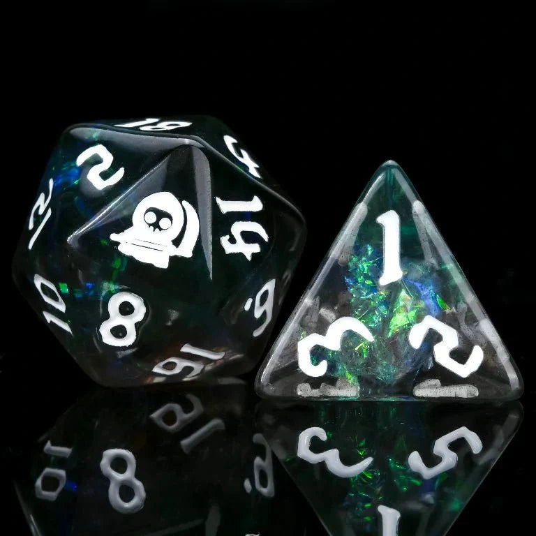 Star Resin RPG Dice Set – Death Comes – Kickstarter Trickster Dice - Black Resin Death & DND D20 and D4 Dice, White