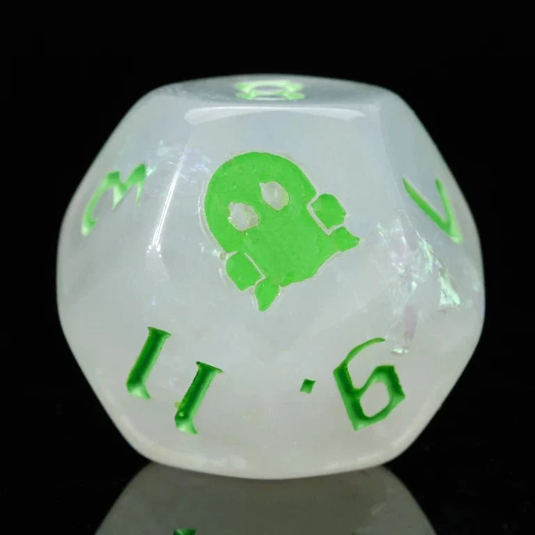 Star Resin RPG Dice Set – Ghost Flame – Trickster Dice - Kickstarter White Resin DND D12 Dice, engraved with ghost