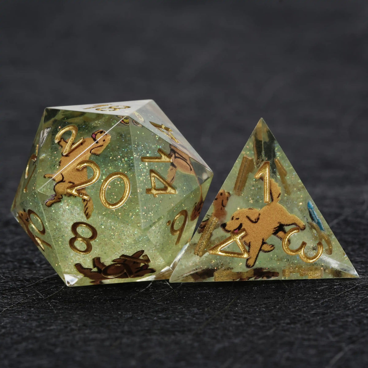 Star Resin RPG Dice Set – Legends Retriever – Kickstarter Dice – Green Glitter Resin Golden Retriever DND D20 and D4