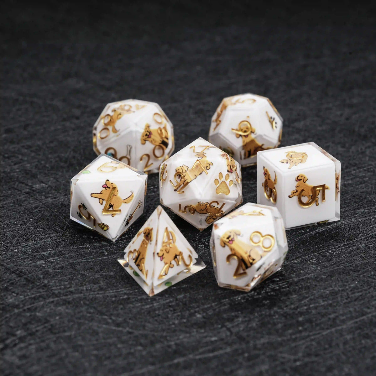 Star Resin RPG Dice Set – Legends Retriever – Kickstarter Dice – Sharp-Edged White Resin Golden Retriever DND Dice Set