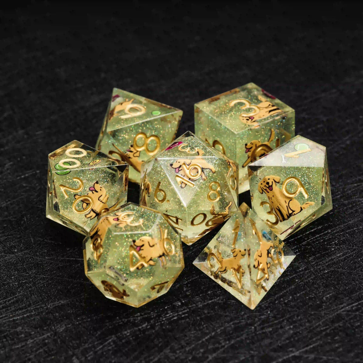 Star Resin RPG Dice Set – Legends Retriever – Kickstarter Dice – Sharp-Edged Green Glitter Resin Golden Retriever DND
