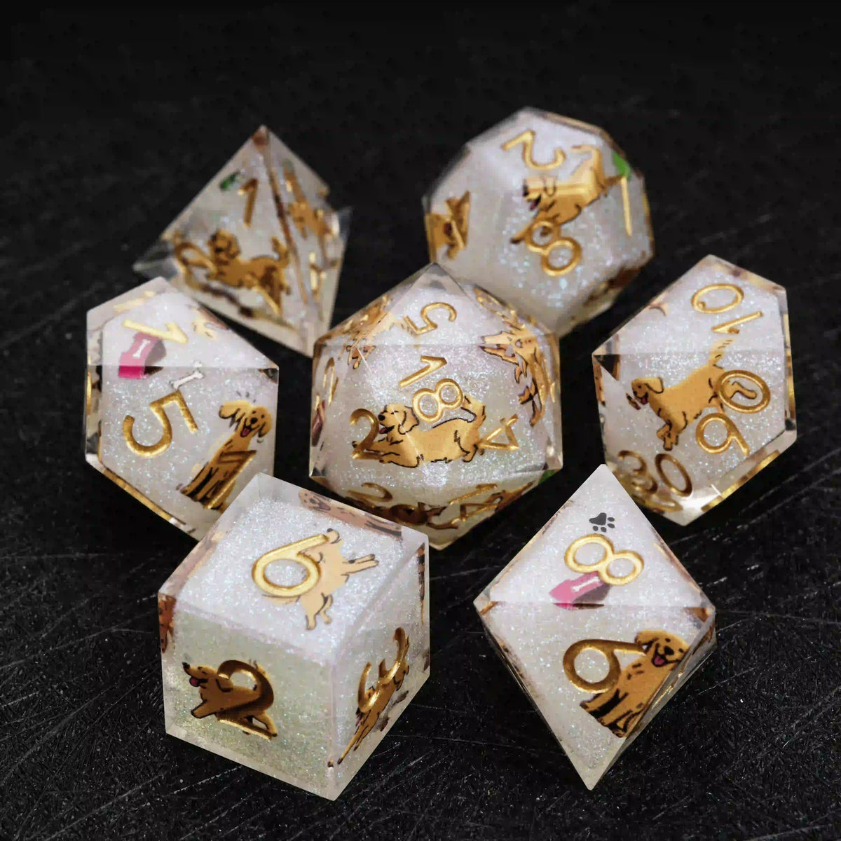 Star Resin RPG Dice Set – Legends Retriever – Kickstarter Dice – Sharp-Edged White Glitter Resin Golden Retriever DND