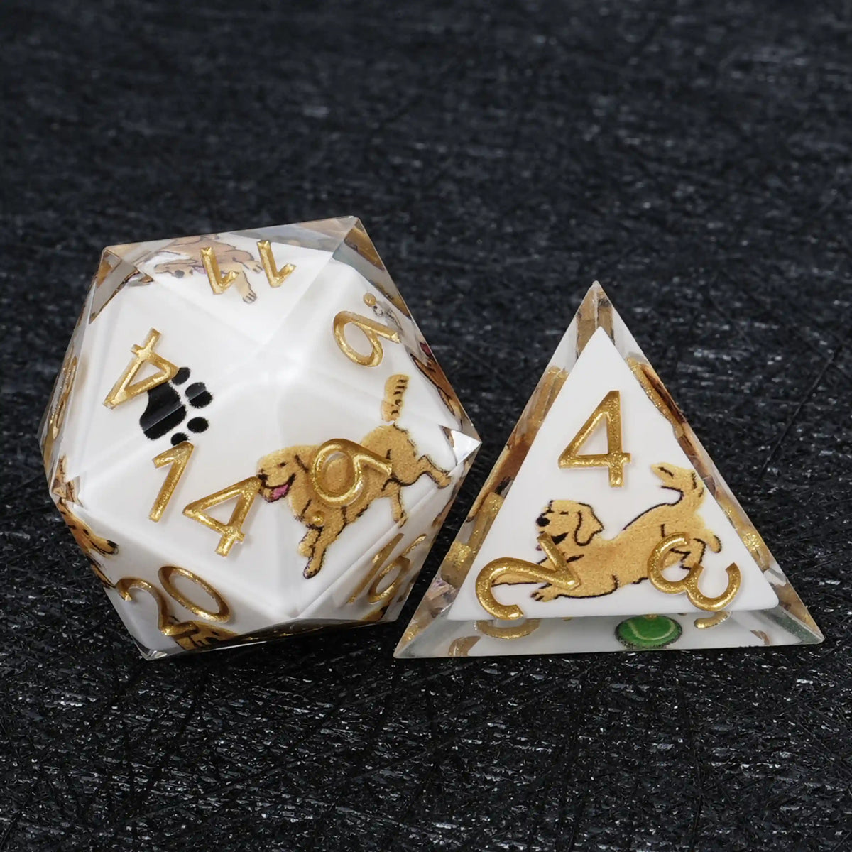 Star Resin RPG Dice Set – Legends Retriever – Kickstarter Dice – White Resin Golden Retriever DND D20 and D4 Dice