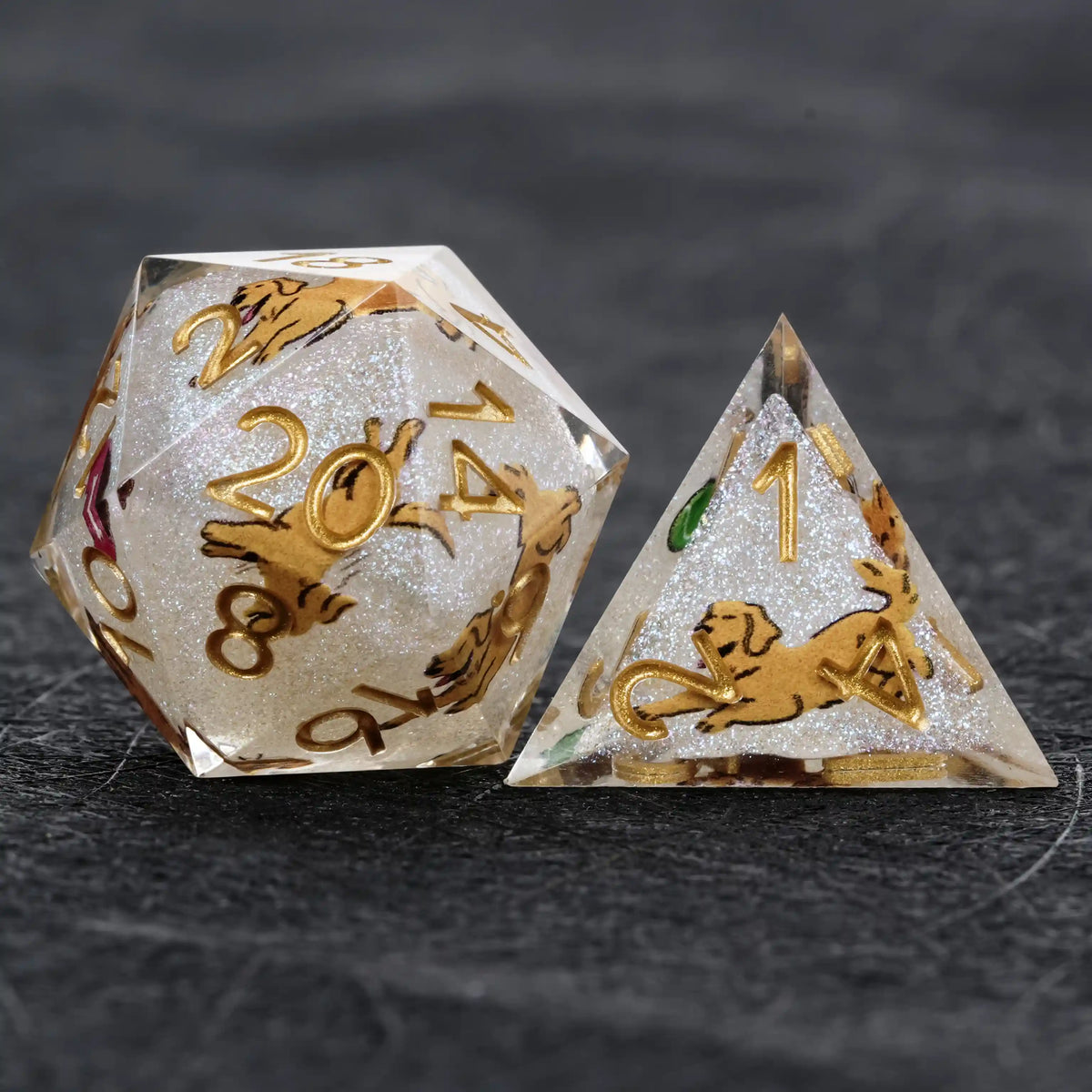Star Resin RPG Dice Set – Legends Retriever – Kickstarter Dice – White Glitter Resin Golden Retriever DND D20 and D4