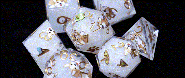 Star Resin Sharp Edge Dice Set – Kickstarter Corgi – Animated GIF of Legendary Corgi Resin DND Dice Set, sharp-edged