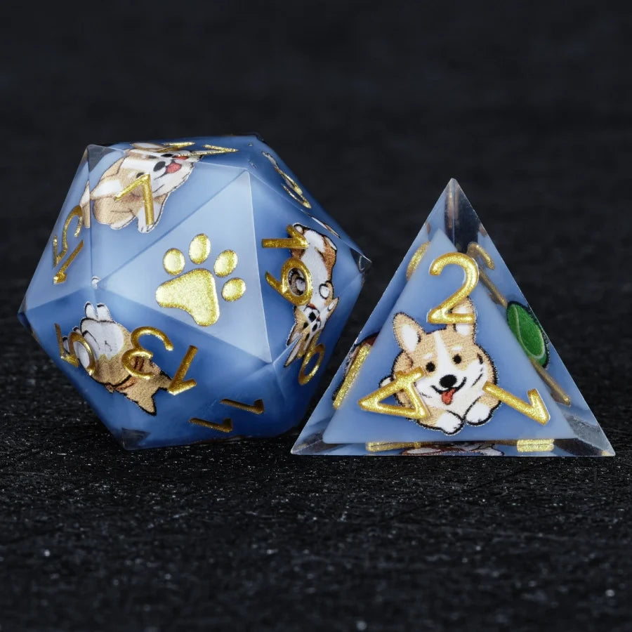 Star Resin Sharp Edge Dice Set – Kickstarter Corgi – Kickstarter Dice – Sharp-Edged Blue Resin Pomeranian DND D20 and