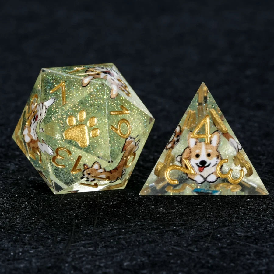 Star Resin Sharp Edge Dice Set – Kickstarter Corgi – Kickstarter Dice – Sharp-Edged Green Glitter Resin Corgi DND D20