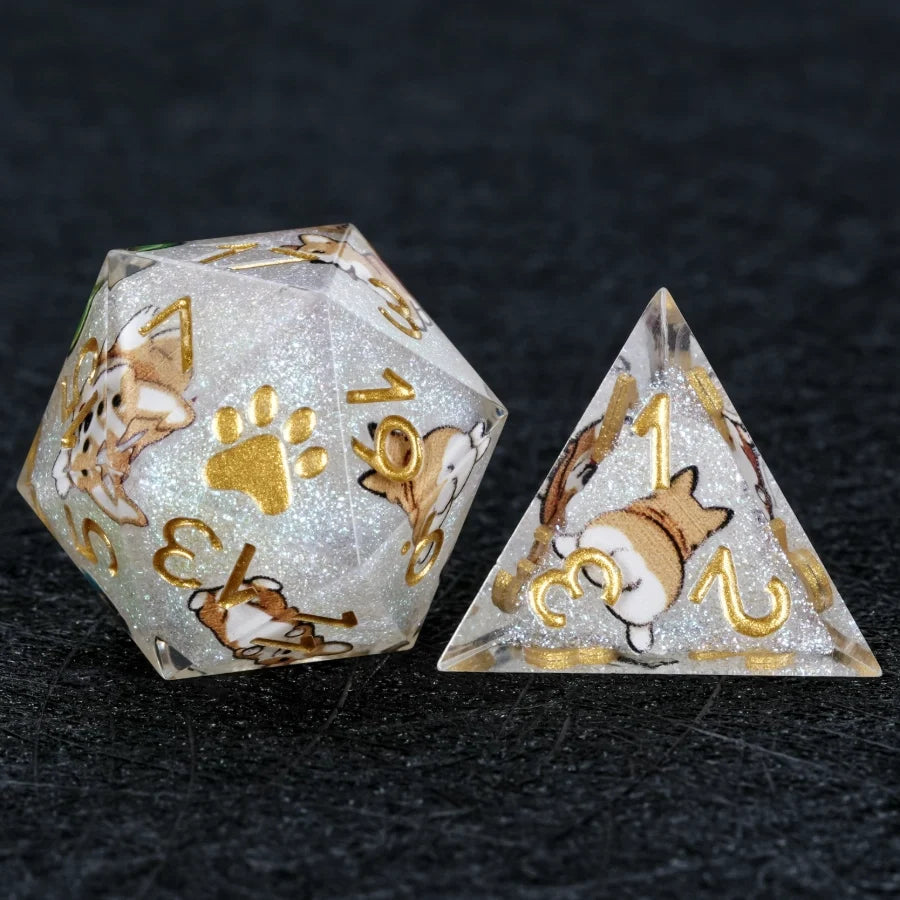 Star Resin Sharp Edge Dice Set – Kickstarter Corgi – Kickstarter Dice – Sharp-edged white glitter resin Corgi DND D20