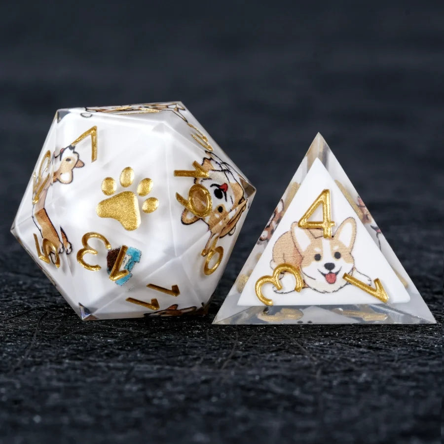 Star Resin Sharp Edge Dice Set – Kickstarter Corgi – Kickstarter Dice – Sharp-edged white resin Corgi DND D20 and D4
