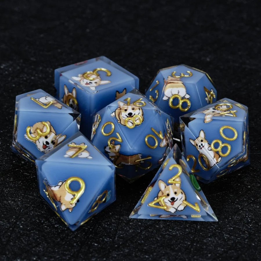 Star Resin Sharp Edge Dice Set – Kickstarter Corgi – Kickstarter Dice – Handcrafted Sharp-Edged Blue Resin Corgi DND