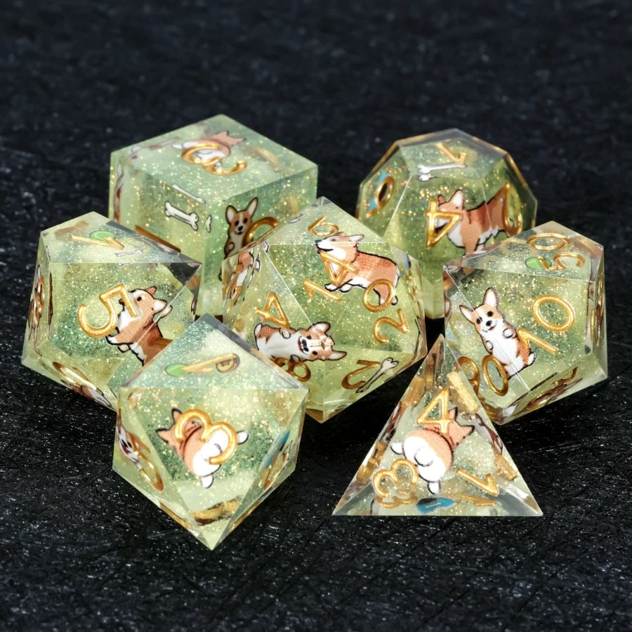Star Resin Sharp Edge Dice Set – Kickstarter Corgi – Kickstarter Dice – Handcrafted Sharp-Edged Green Glitter Resin