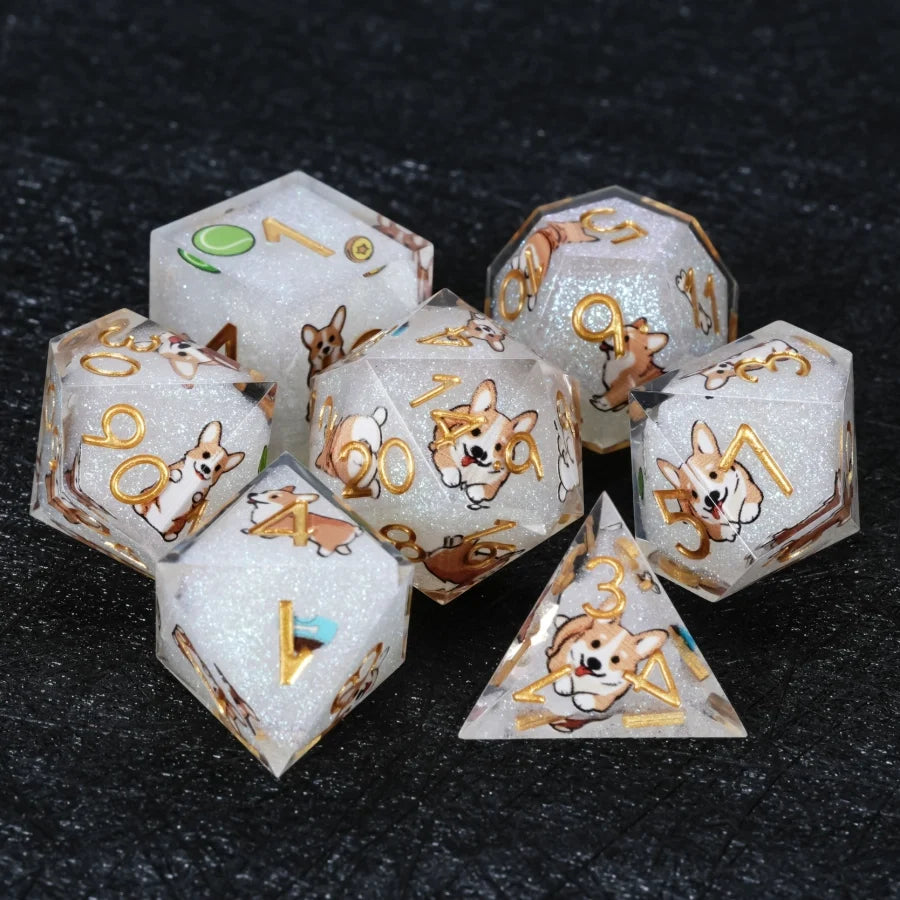 Star Resin Sharp Edge Dice Set – Kickstarter Corgi – Kickstarter Dice – Handcrafted Sharp-Edged White Glitter Resin