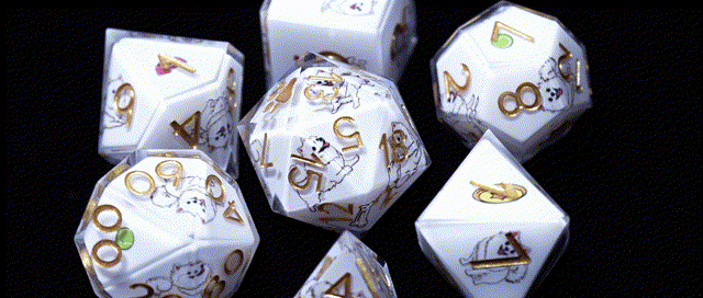 Star Resin Sharp Edge Dice Set – Legendary Pomeranian – Animated GIF of Canine Legends Pomeranian Resin DND Dice Set