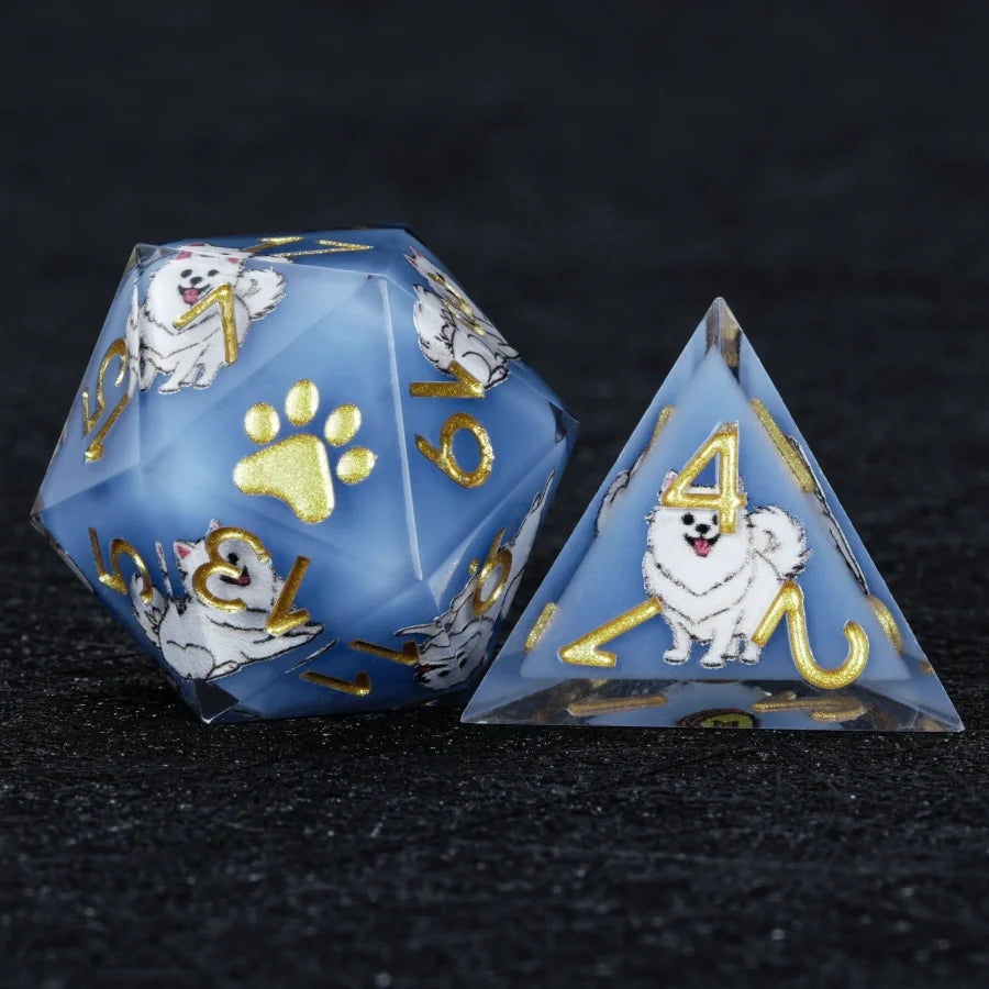 Star Resin Sharp Edge Dice Set – Legendary Pomeranian – Kickstarter Dice – Blue Resin Pomeranian DND D20 and D4 Dice