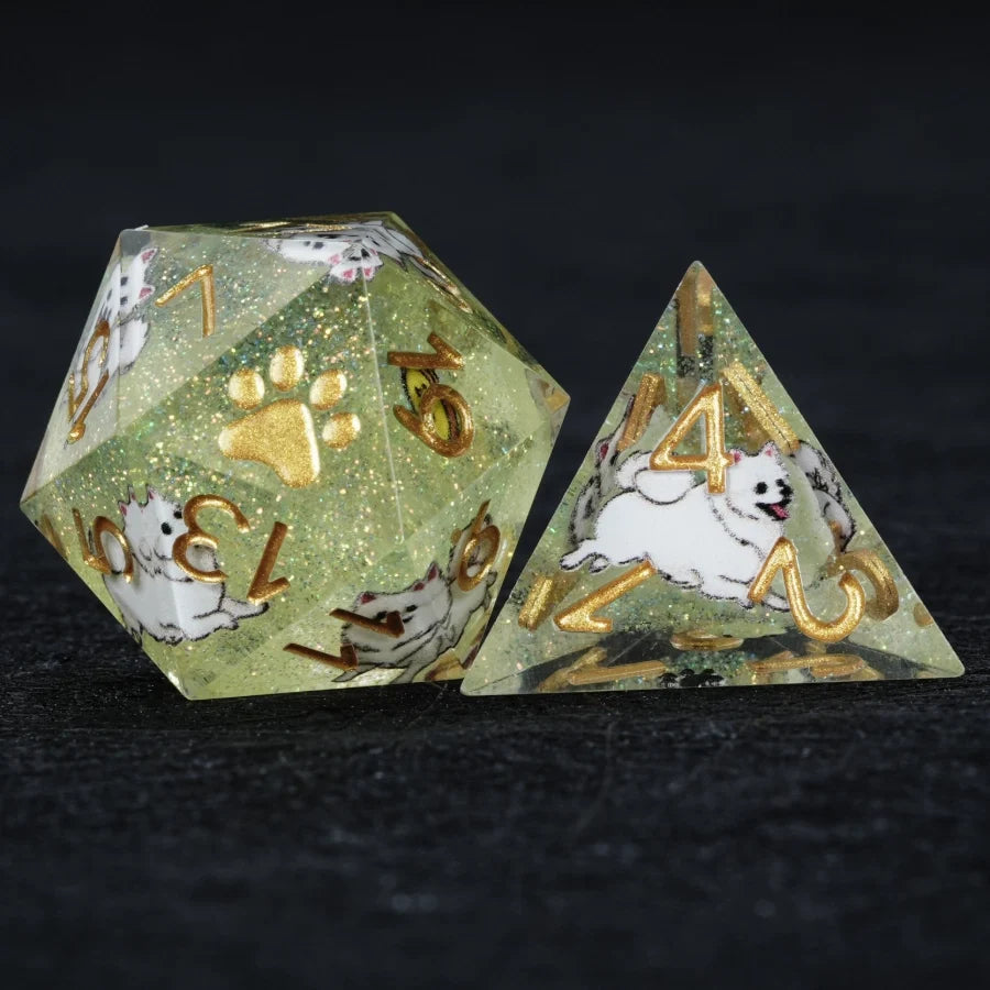 Star Resin Sharp Edge Dice Set – Legendary Pomeranian – Kickstarter Dice – Green Glitter Resin Pomeranian DND D20 and